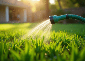 Booster un jeune gazon : astuces efficaces pour une pelouse en pleine forme ! Pelouse verte fraîchement arrosée au matin avec rosée