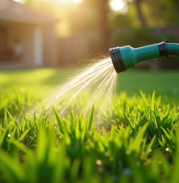 Booster un jeune gazon : astuces efficaces pour une pelouse en pleine forme ! Pelouse verte fraîchement arrosée au matin avec rosée