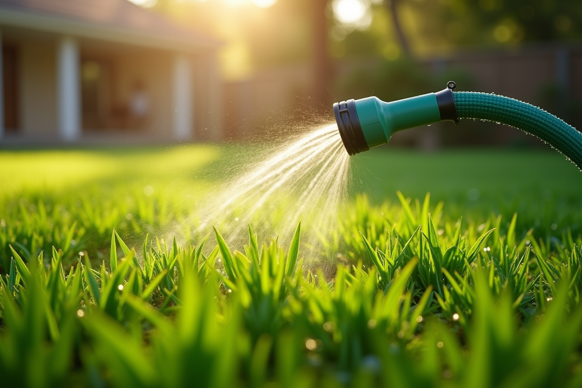 Pelouse verte fraîchement arrosée au matin avec rosée