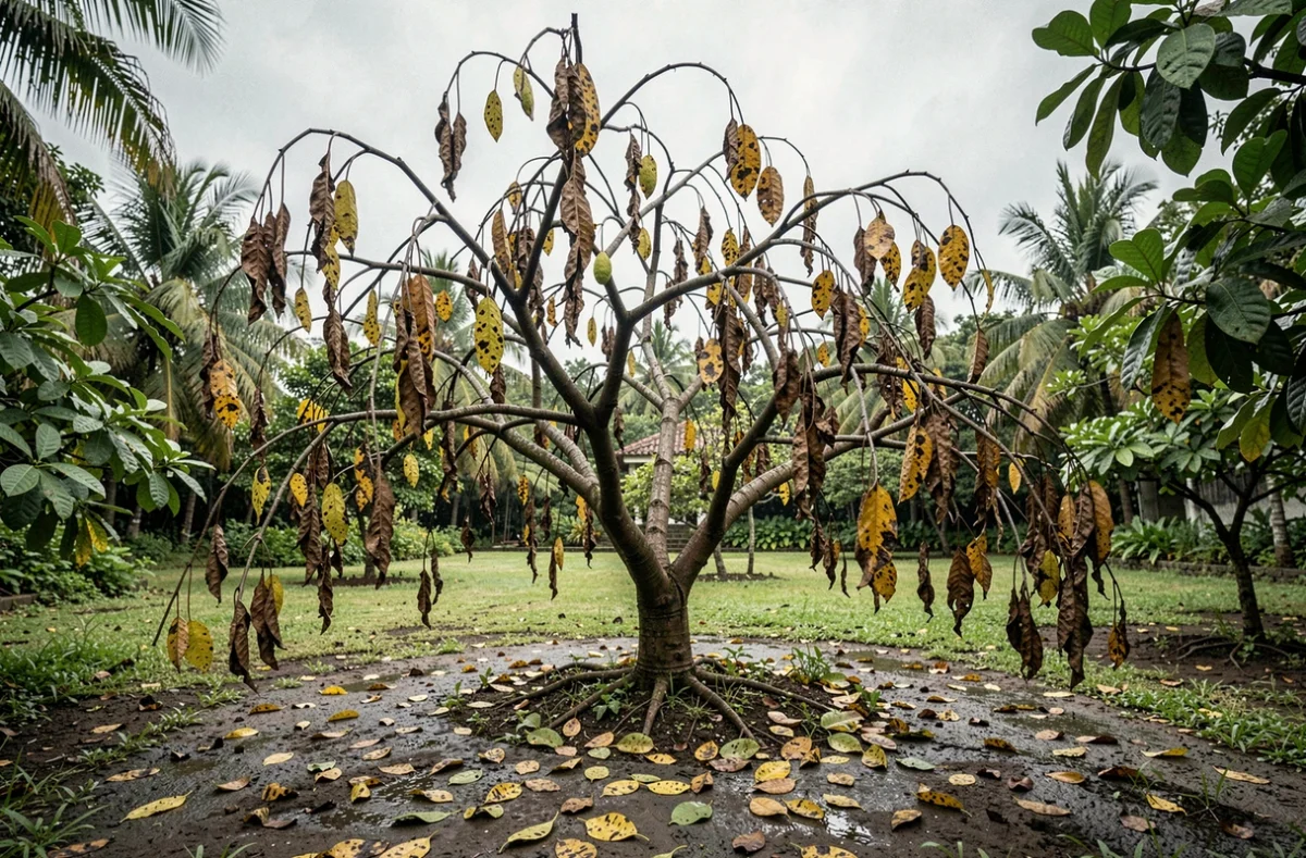 Goyavier malade avec branches tombantes et feuilles jaunies dans un jardin tropical, entouré de feuilles mortes au sol