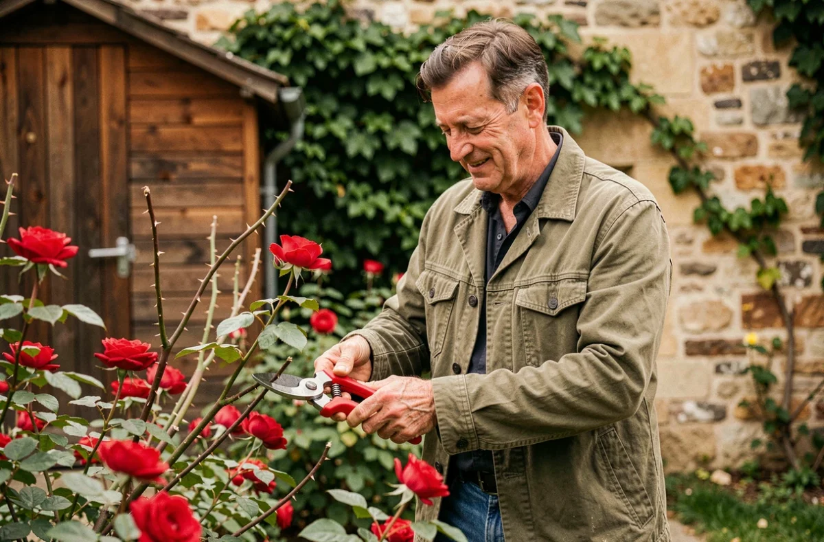 Greg, jardinier indépendant, taillant des rosiers dans un jardin particulier du Nord