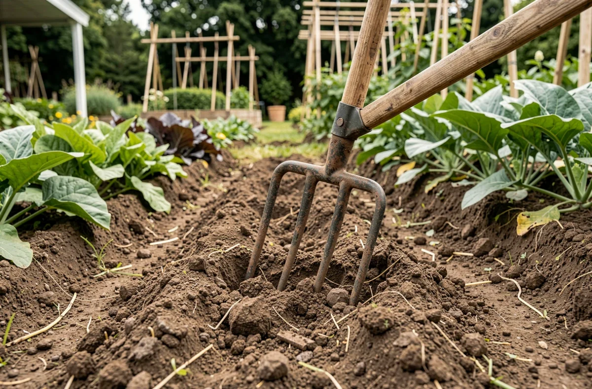 Grelinette plantée dans une terre de potager ameublie