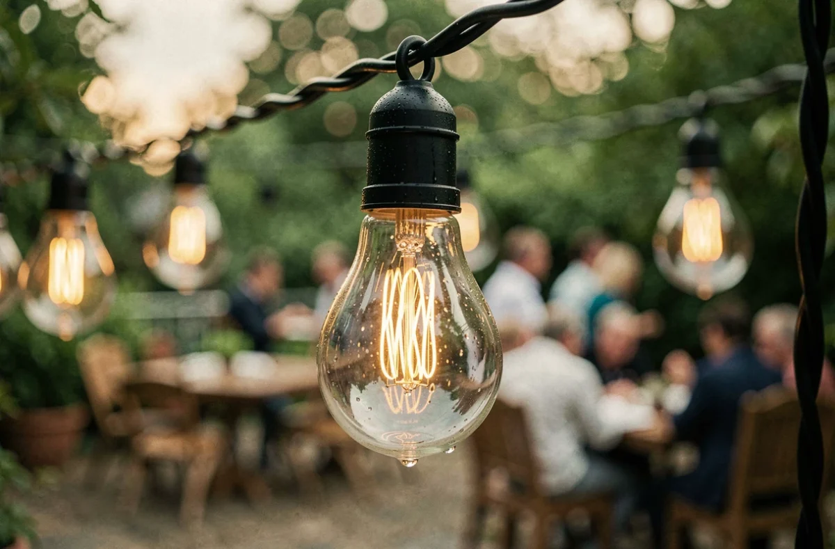 Gros plan sur une ampoule style Edison d'une guirlande solaire extérieure avec reflets et bokeh de jardin festif