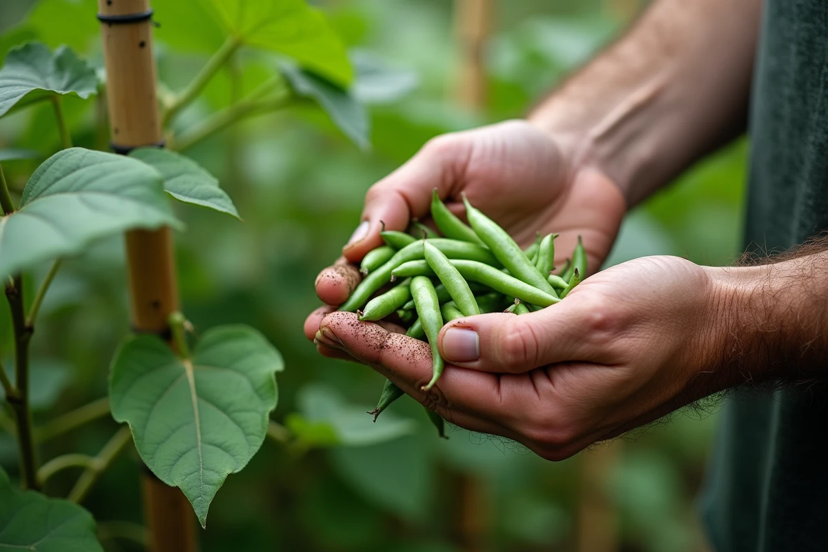 Gros plan de mains masculines cueillant des haricots verts frais sur un plant en pleine croissance dans un jardin potager
