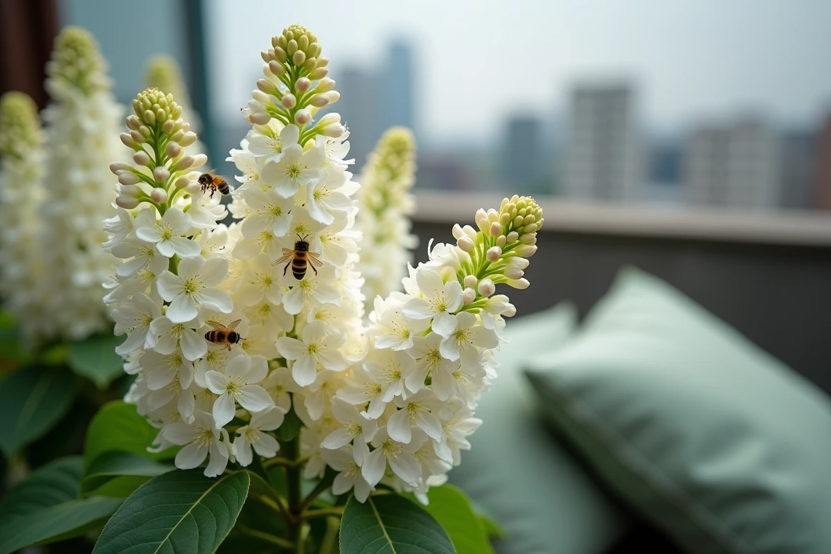 Gros plan sur les panicules de fleurs blanches du lilas du Japon avec des abeilles posées sur les fleurs en milieu urbain