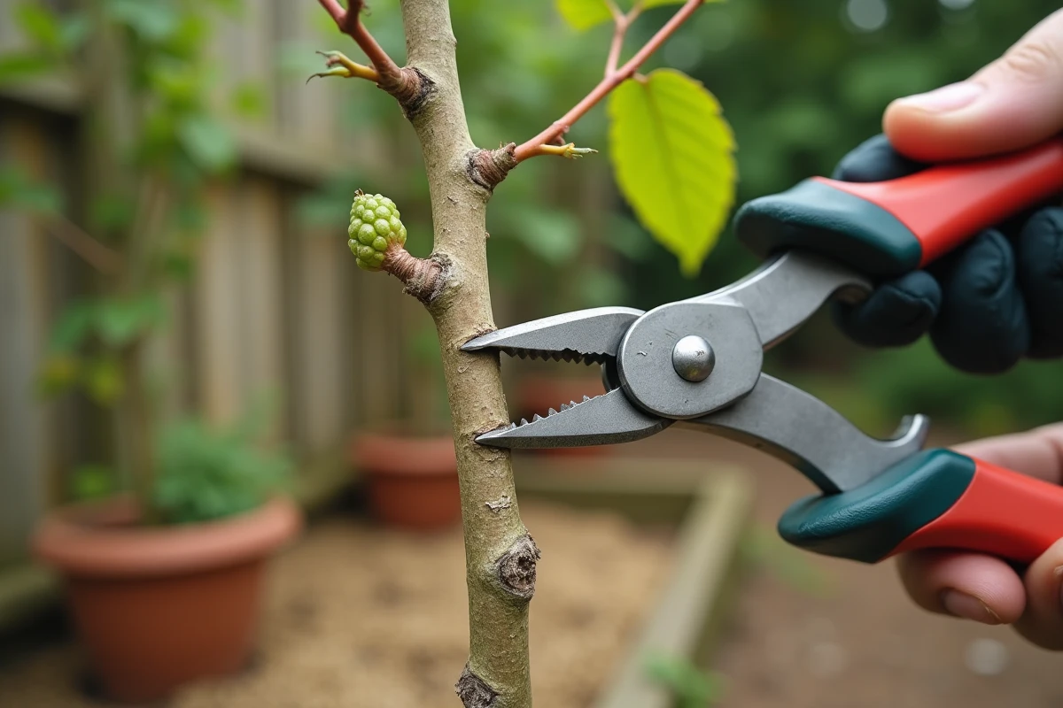 Gros plan sur la taille précise d'une branche de mûrier avec un sécateur professionnel