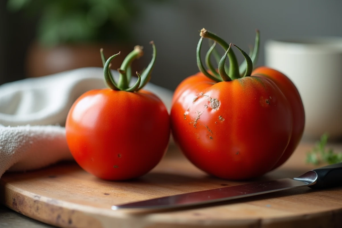 Gros plan sur deux tomates, l'une saine et l'autre avec des taches noires, sur une planche en bois