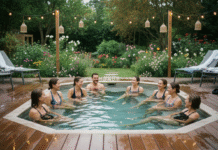 Ambiance festive et relaxation XXL : les atouts des spas grande capacité Groupe divers d'adultes dans un spa extérieur convivial