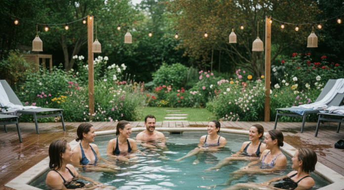 Groupe divers d'adultes dans un spa extérieur convivial