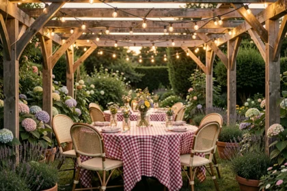 Pergola en bois décorée d'une guirlande lumineuse solaire extérieure pour une ambiance guinguette dans un jardin au crépuscule