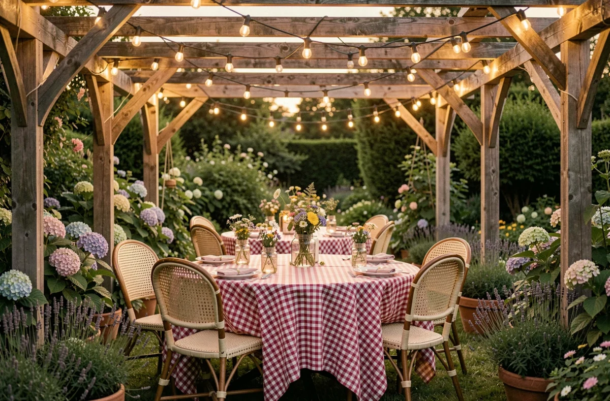Pergola en bois décorée d'une guirlande lumineuse solaire extérieure pour une ambiance guinguette dans un jardin au crépuscule