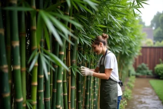 Femme inspectant une haie de bambous non traçants dans un jardin résidentiel au petit matin