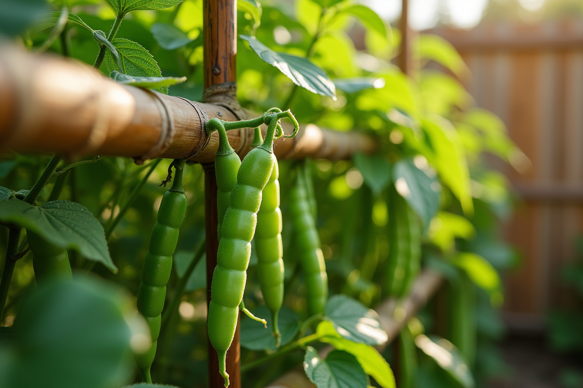 Plants de haricots verts poussant rapidement sur un treillis en bambou