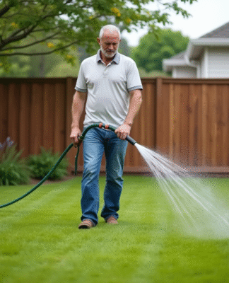 Homme d'âge moyen arrosant sa pelouse verte dans un jardin