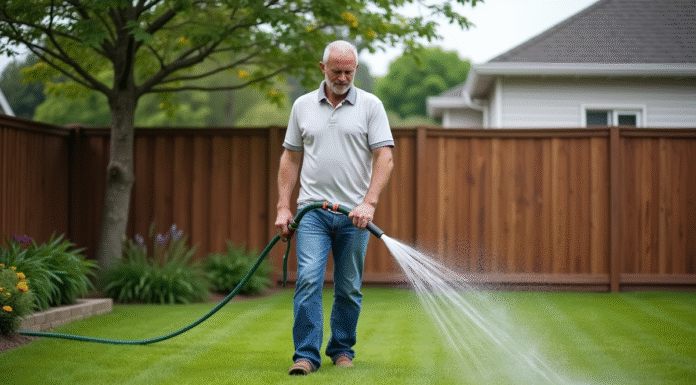 Homme d'âge moyen arrosant sa pelouse verte dans un jardin
