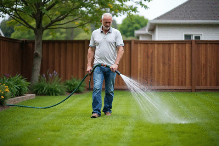 Homme d'âge moyen arrosant sa pelouse verte dans un jardin