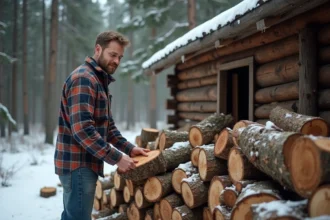 Homme d'âge moyen empilant du bois devant une cabane enneigée