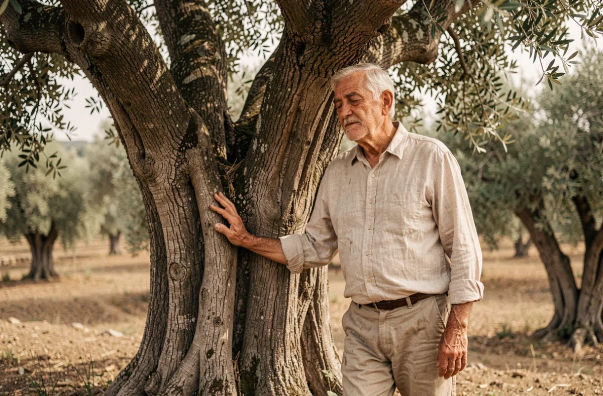 Homme âgé en contemplation devant un olivier centenaire dans un verger méditerranéen, connexion spirituelle avec la nature