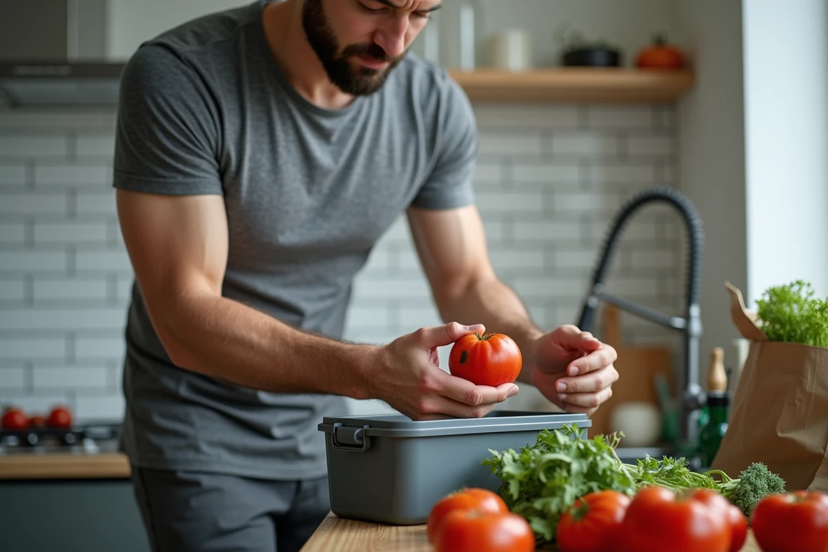 Homme hésitant à jeter une tomate abîmée avec des taches noires près d'un bac à compost