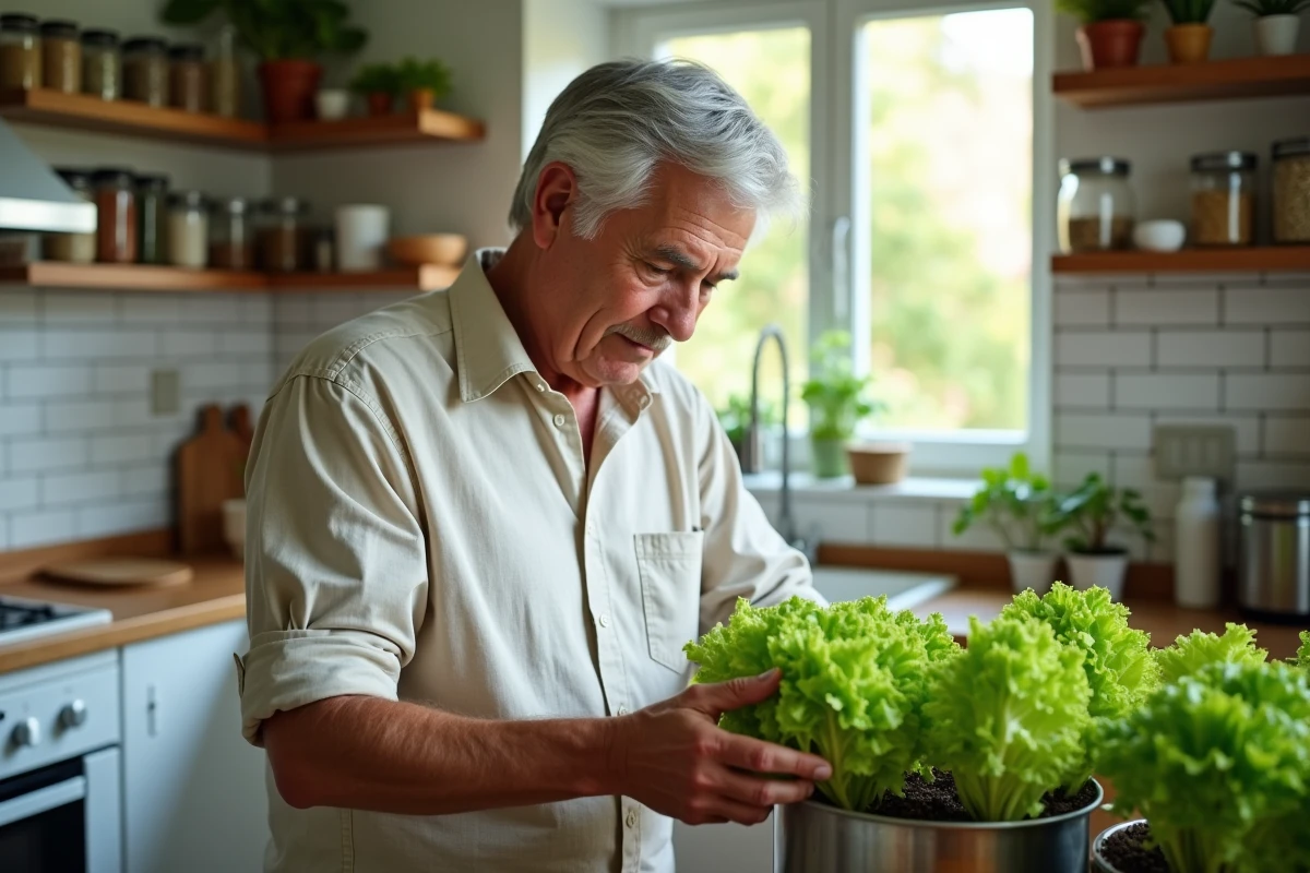 Homme âgé cultivant de la laitue dans la cuisine lumineuse