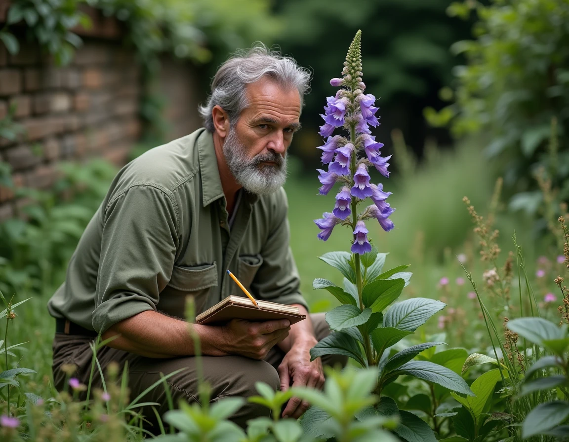Homme identifiant une plante à fleurs violettes dans un jardin botanique en tenant un carnet de terrain