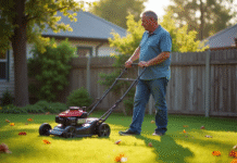 Meilleur moment pour arrêter de tondre le gazon : conseils pratiques Homme d'âge moyen dans son jardin automnal avec tondeuse manuelle