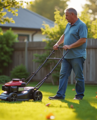 Homme d'âge moyen dans son jardin automnal avec tondeuse manuelle