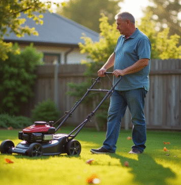 Meilleur moment pour arrêter de tondre le gazon : conseils pratiques Homme d'âge moyen dans son jardin automnal avec tondeuse manuelle