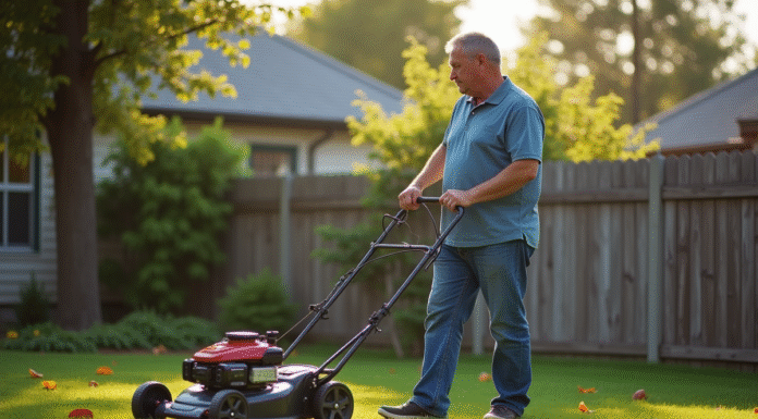 Homme d'âge moyen dans son jardin automnal avec tondeuse manuelle