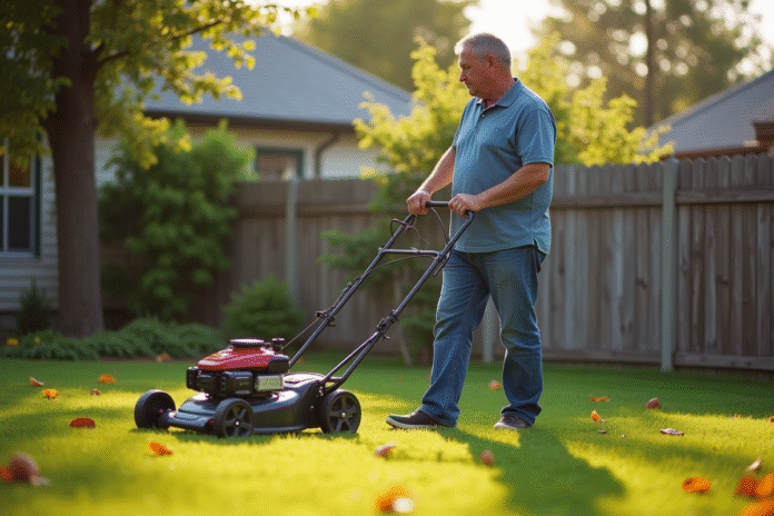 homme-jardin-automne Homme d'âge moyen dans son jardin automnal avec tondeuse manuelle