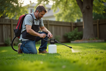 Homme en tenue de jardinage appliquant un traitement à la mousse