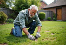 Homme d'âge moyen en tenue de jardinage arrachent une mauvaise herbe