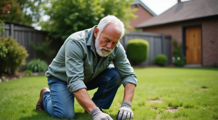 Homme d'âge moyen en tenue de jardinage arrachent une mauvaise herbe
