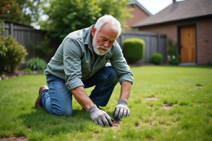 Homme d'âge moyen en tenue de jardinage arrachent une mauvaise herbe