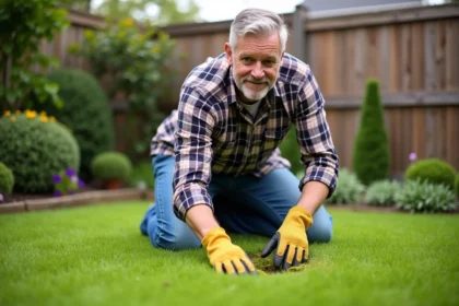Homme en jardinage en train d'enlever la mousse dans le jardin