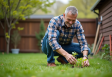 Meilleur moment pour voir le gazon pousser : conseils et astuces Homme d'âge moyen examine jeunes pousses dans son jardin