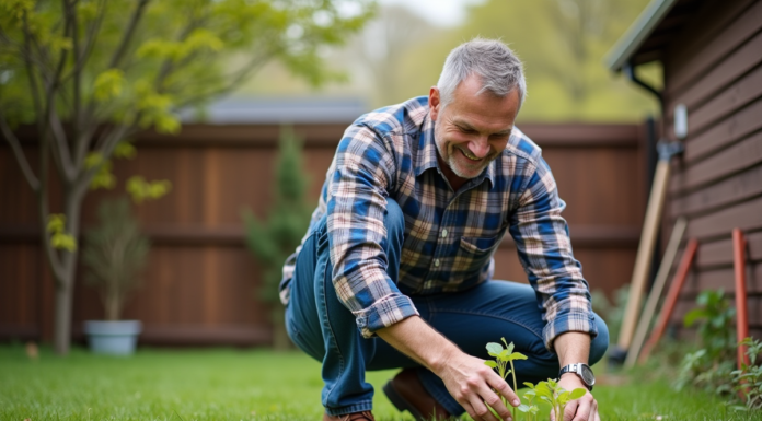 Homme d'âge moyen examine jeunes pousses dans son jardin