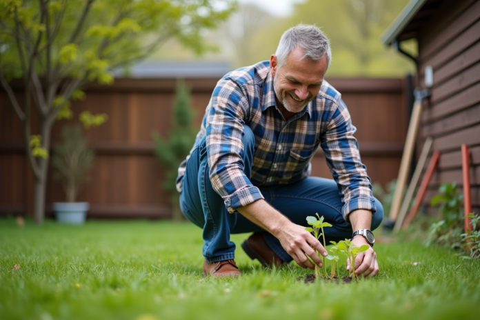 Homme d'âge moyen examine jeunes pousses dans son jardin
