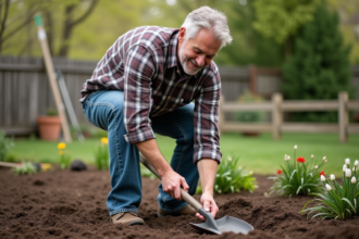 Homme d'âge moyen en vêtements casual jardinage travaillant la terre