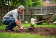 Gazon artificiel : comment préparer le sol avant la pose ? Homme d'âge moyen levelant la terre dans un jardin