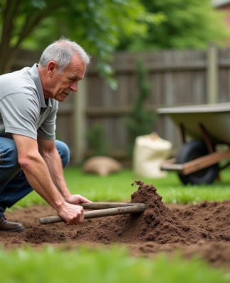 Homme d'âge moyen levelant la terre dans un jardin