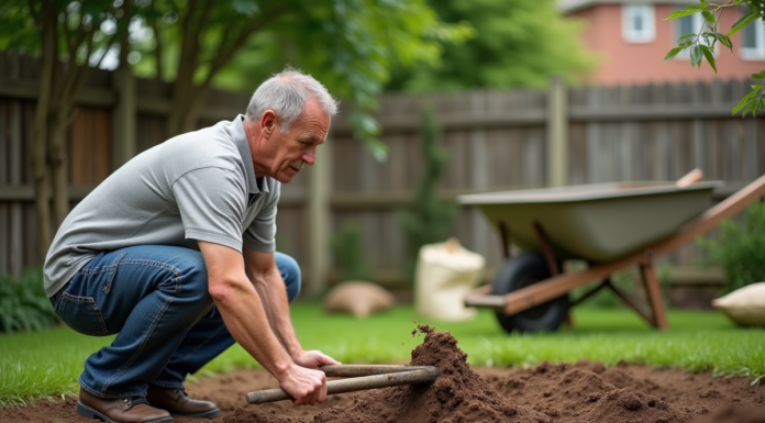 Homme d'âge moyen levelant la terre dans un jardin