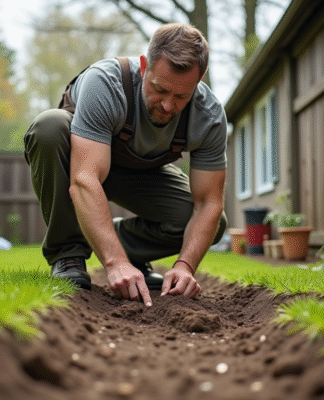 Homme d'âge moyen en tenue de travail jardinant dans un jardin suburbain