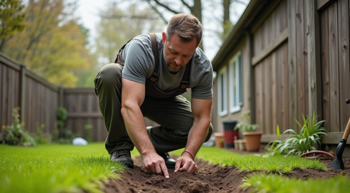 Homme d'âge moyen en tenue de travail jardinant dans un jardin suburbain