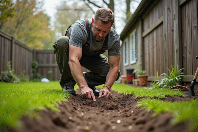 homme-jardinage-terre-souabe Homme d'âge moyen en tenue de travail jardinant dans un jardin suburbain