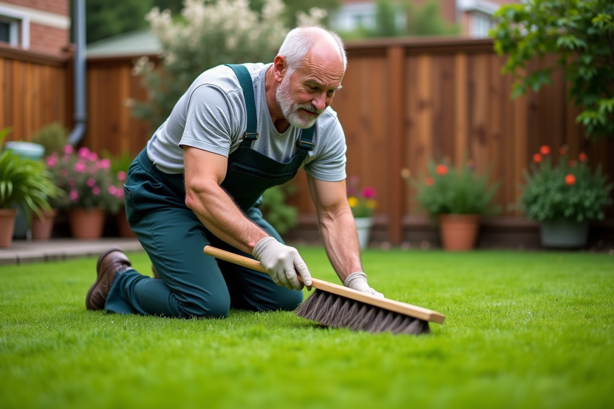 Homme en salopette nettoyant un gazon artificiel dans le jardin