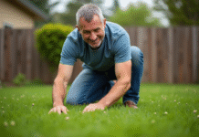 Homme en jeans et t-shirt tond la pelouse dans son jardin