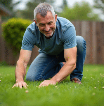 Épaissir l’herbe : comment favoriser la densité de votre pelouse ? Homme en jeans et t-shirt tond la pelouse dans son jardin