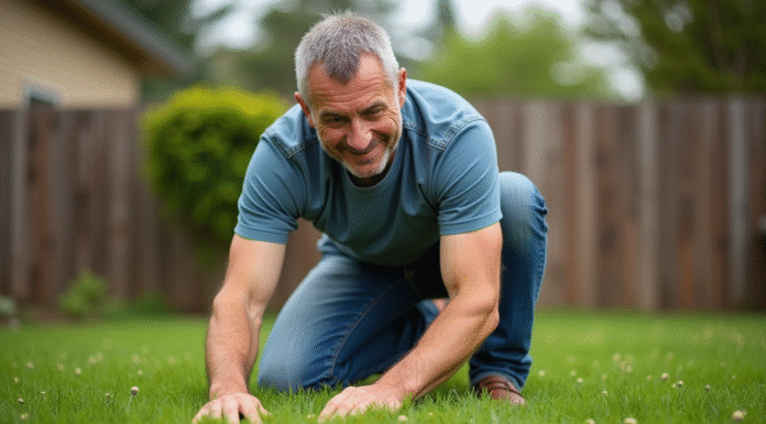Homme en jeans et t-shirt tond la pelouse dans son jardin