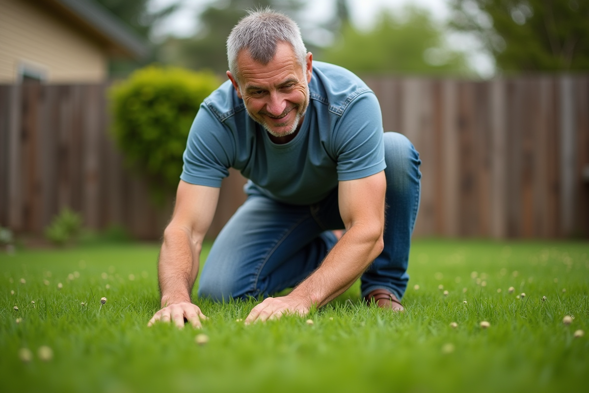 Homme en jeans et t-shirt tond la pelouse dans son jardin